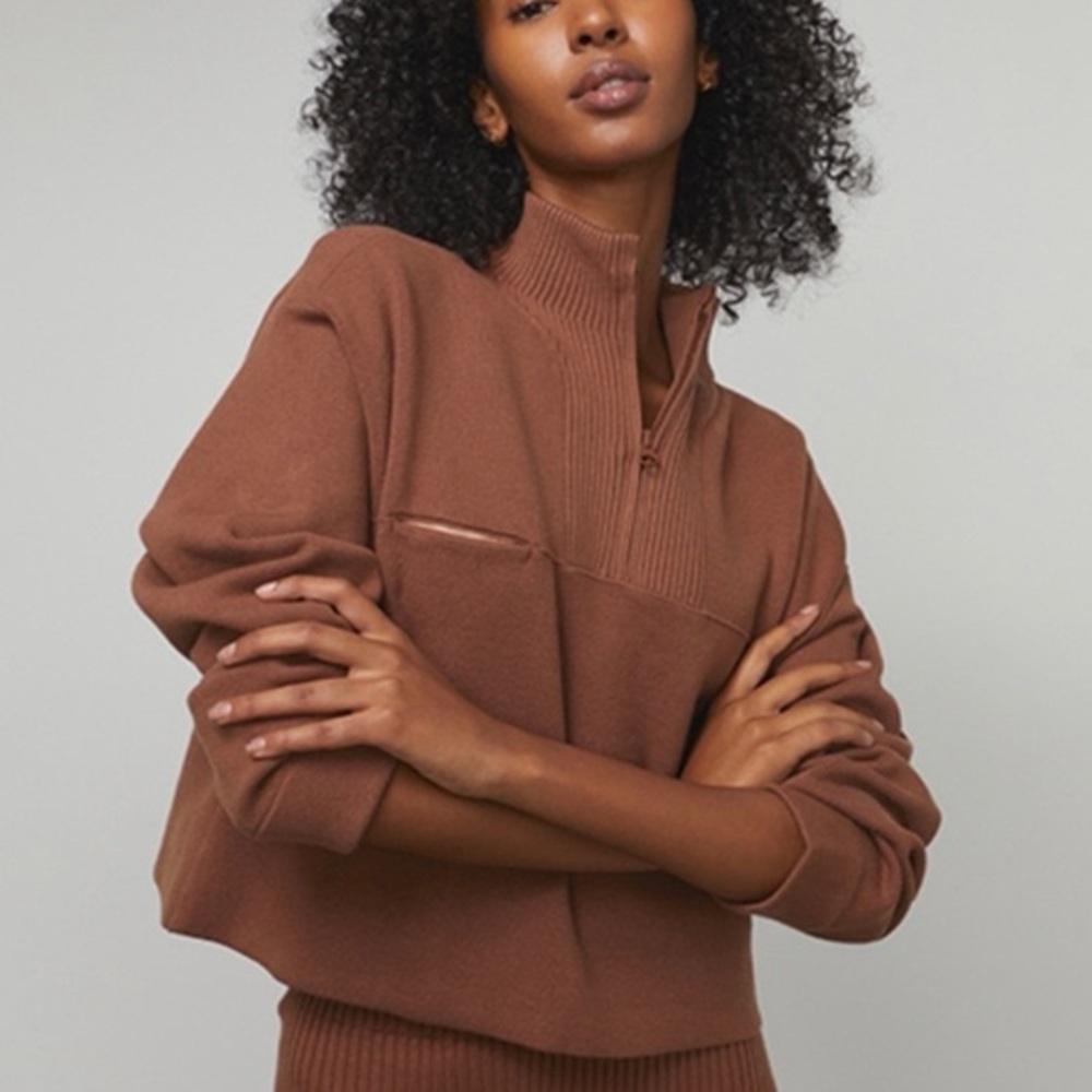 lunya Chest-Zip Cozy Crop Sweatshirt in Chestnut